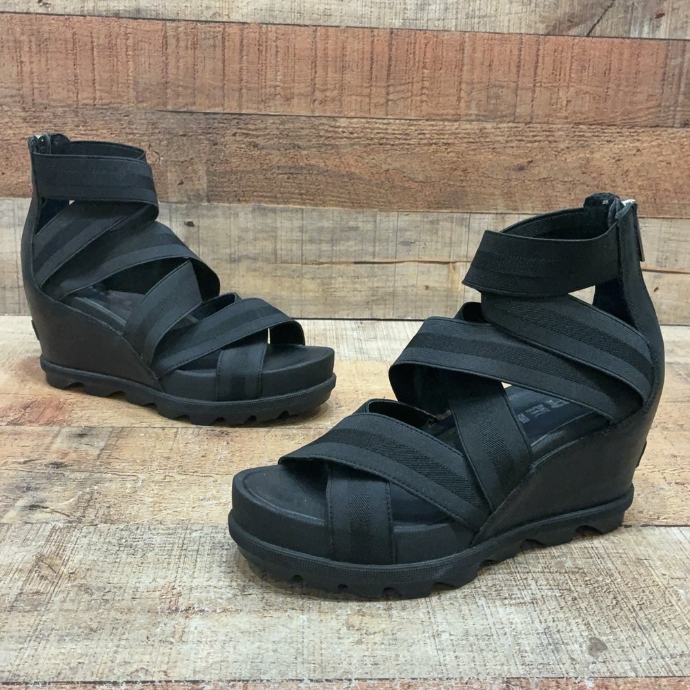 Sorel Sandals Womens Size 8.5 39.5 Black Leather Strappy Wedge Zip Shoes